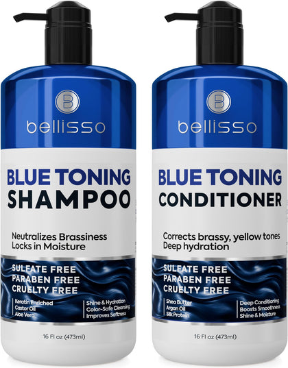 BELLISSO front packaging blue shampoo and conditioner set shows professional toning benefits