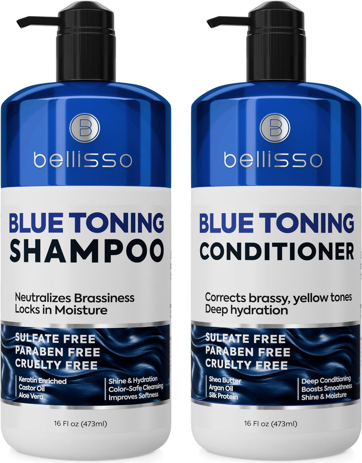 BELLISSO front packaging blue shampoo and conditioner set shows professional toning benefits