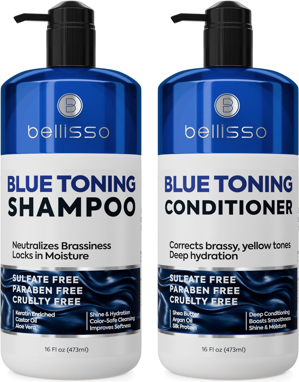 BELLISSO front packaging blue shampoo and conditioner set shows professional toning benefits