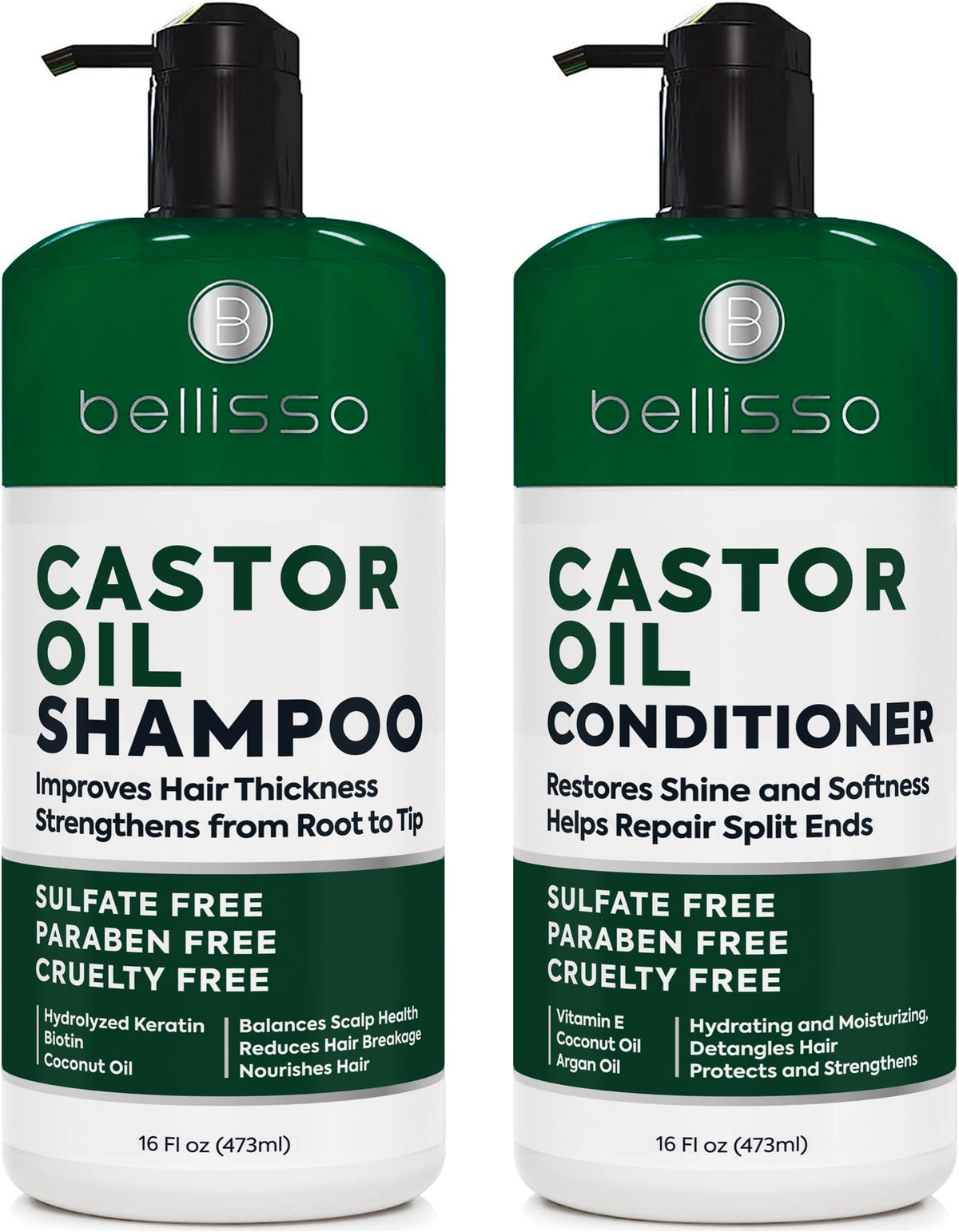 BELLISSO front packaging showing full castor oil shampoo and conditioner set benefits