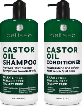 BELLISSO front packaging showing full castor oil shampoo and conditioner set benefits