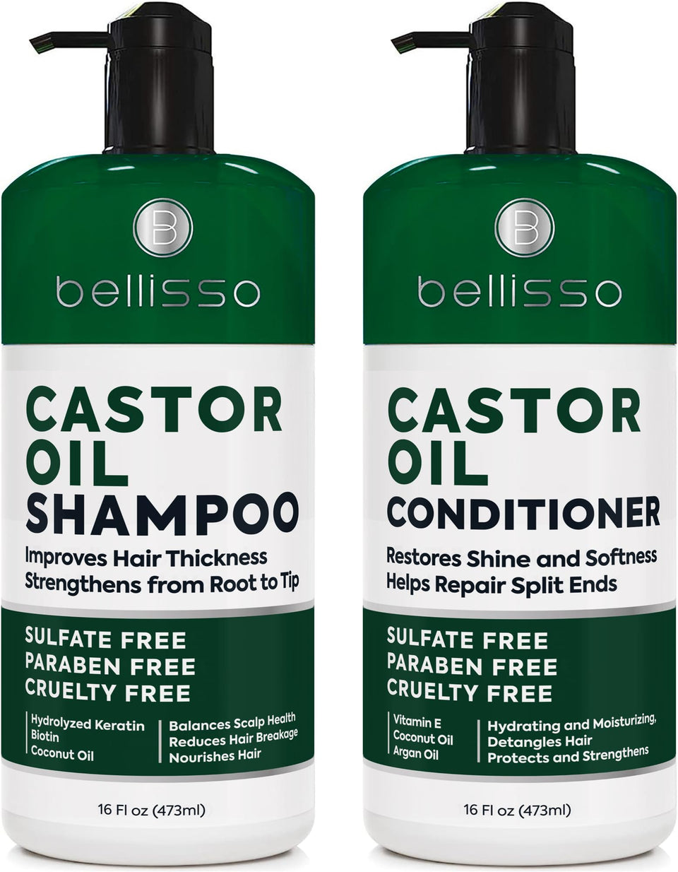 BELLISSO front packaging showing full castor oil shampoo and conditioner set benefits