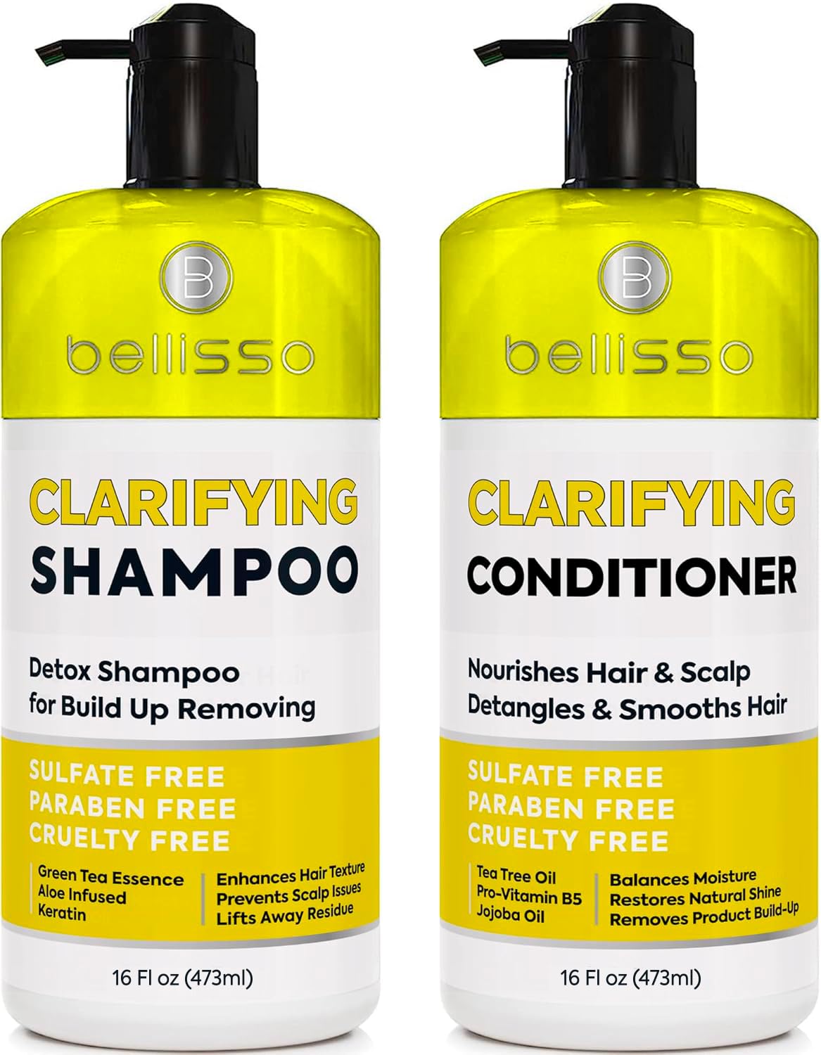 BELLISSO front packaging of clarifying shampoo and conditioner showing product clarity benefit