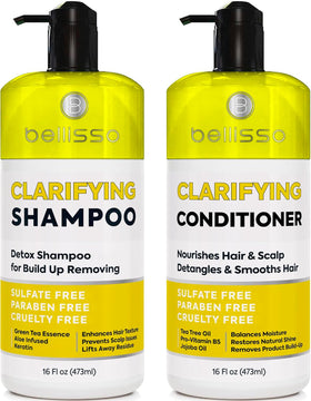BELLISSO front packaging of clarifying shampoo and conditioner showing product clarity benefit