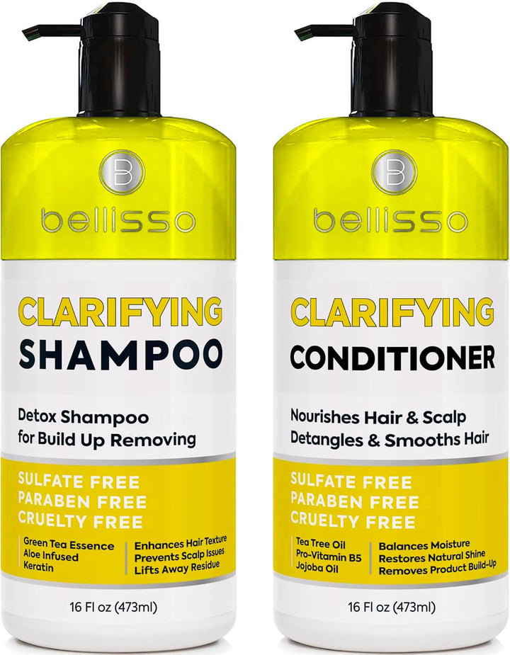 BELLISSO front packaging of clarifying shampoo and conditioner showing product clarity benefit