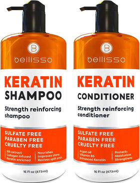 BELLISSO front packaging of keratin shampoo and conditioner showing salon-grade set benefits