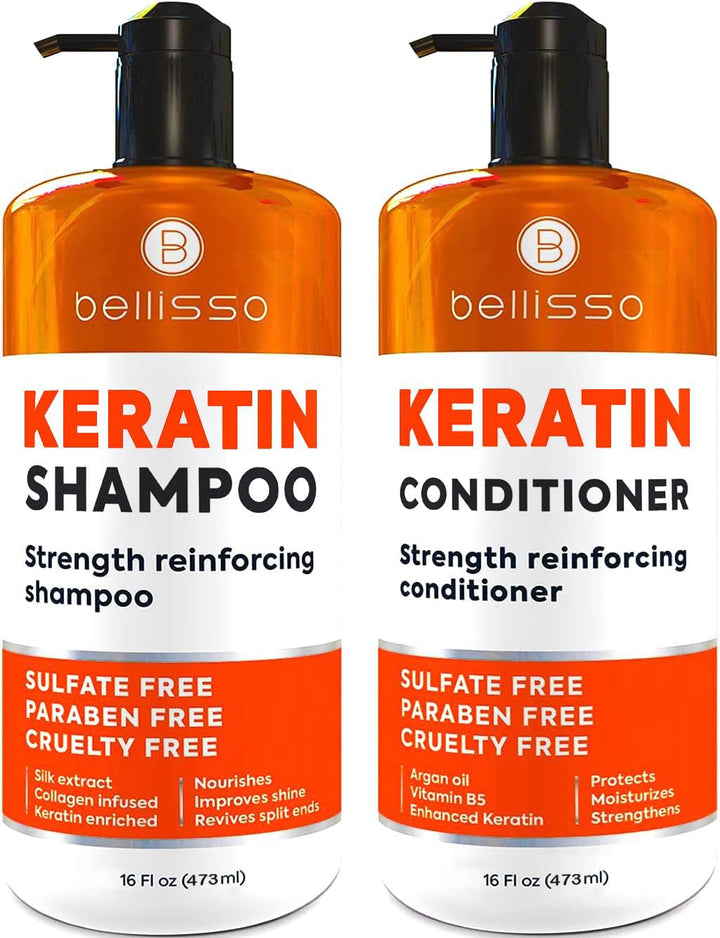 BELLISSO front packaging of keratin shampoo and conditioner showing salon-grade set benefits