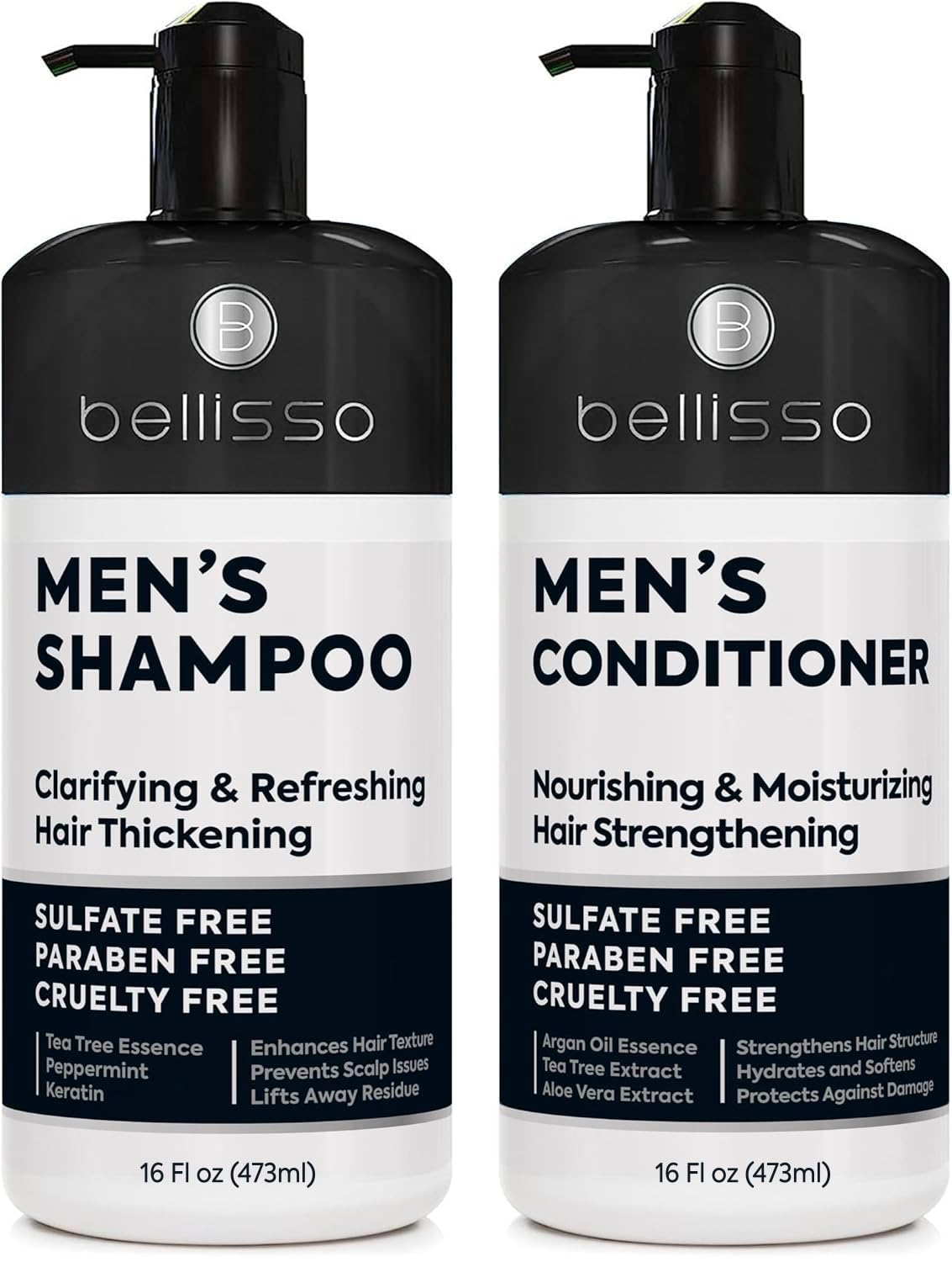 BELLISSO front packaging of shampoo and conditioner shows duo and benefits