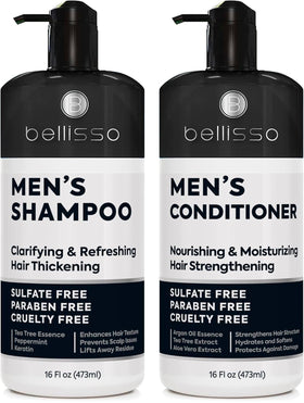 BELLISSO front packaging of shampoo and conditioner shows duo and benefits