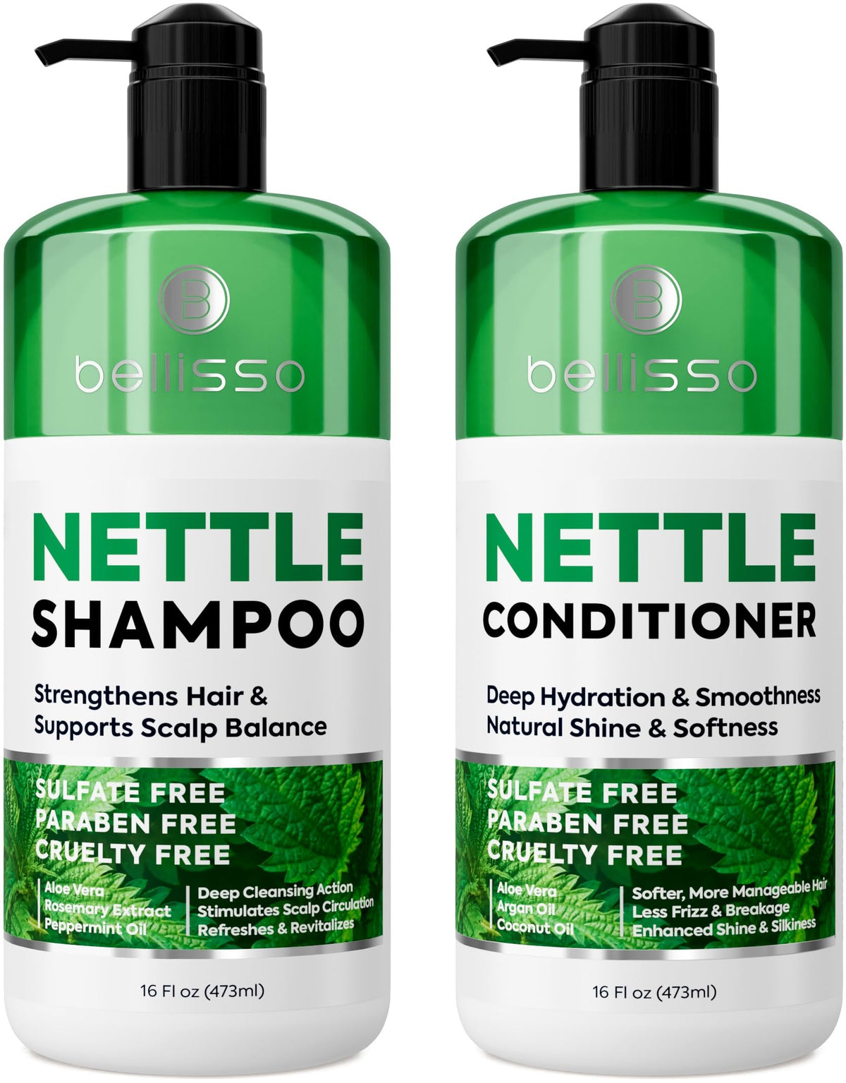 BELLISSO front packaging showing nettle shampoo and conditioner and volumizing benefit