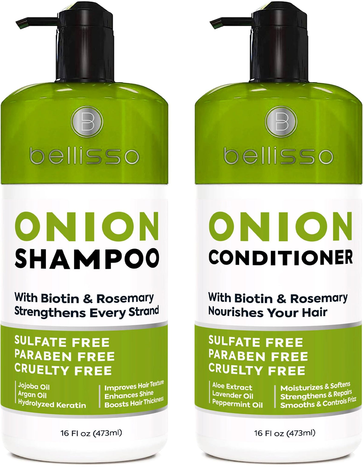 BELLISSO front packaging showing onion rosemary biotin duo and benefits