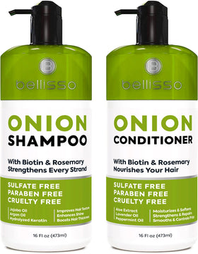 BELLISSO front packaging showing onion rosemary biotin duo and benefits