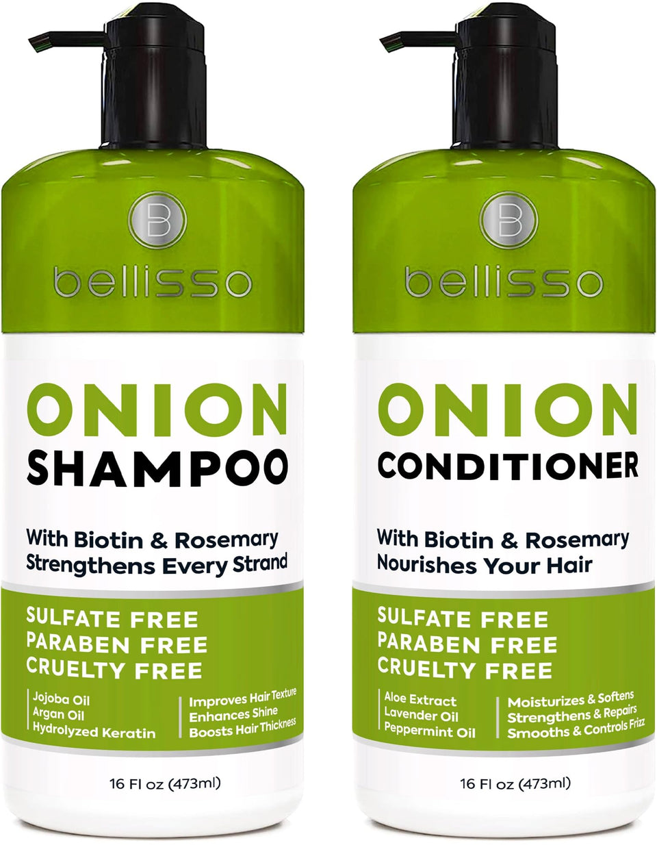 BELLISSO front packaging showing onion rosemary biotin duo and benefits