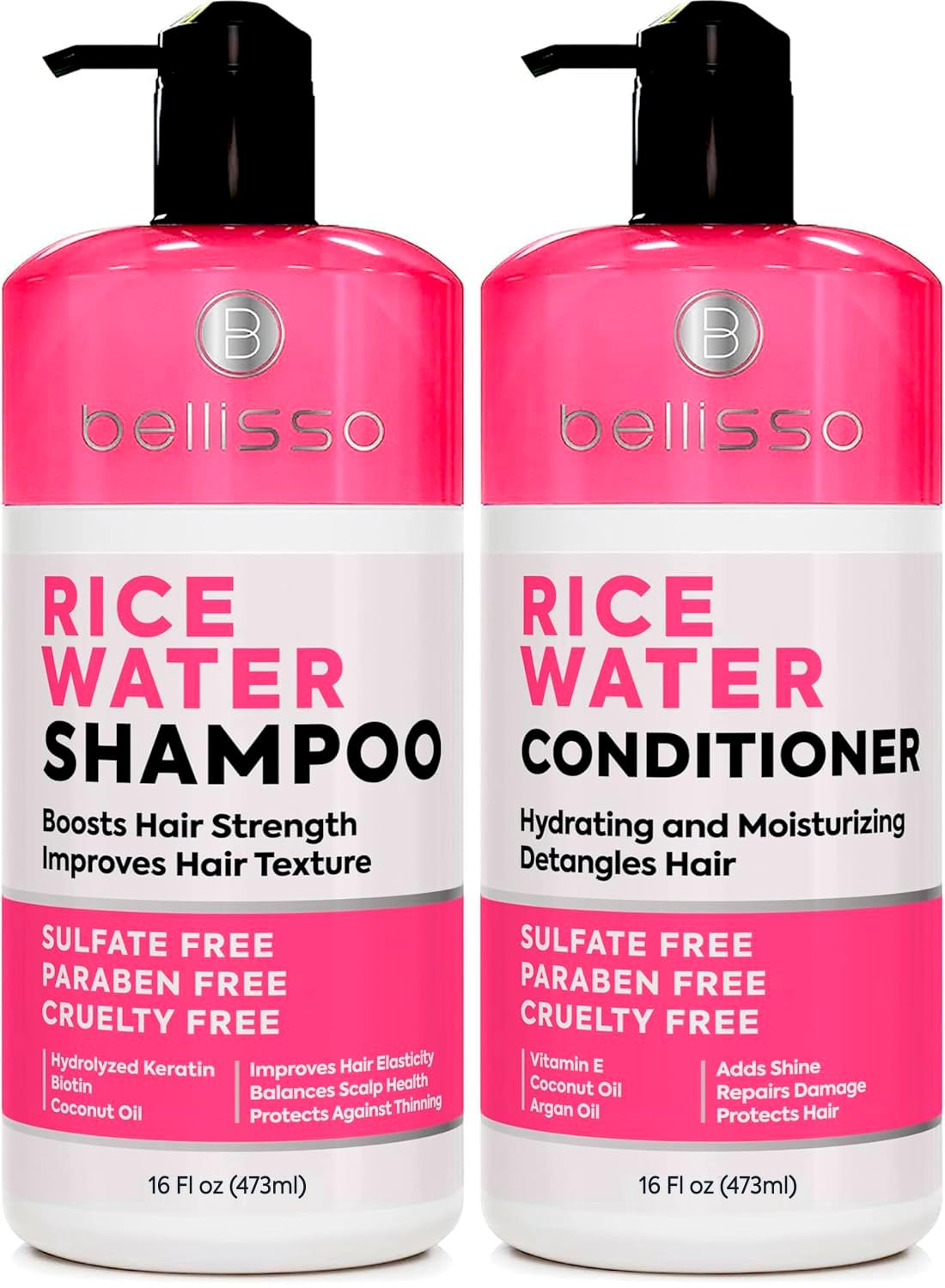 BELLISSO front packaging rice water duo shows full-size bottles and benefits