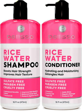 BELLISSO front packaging rice water duo shows full-size bottles and benefits