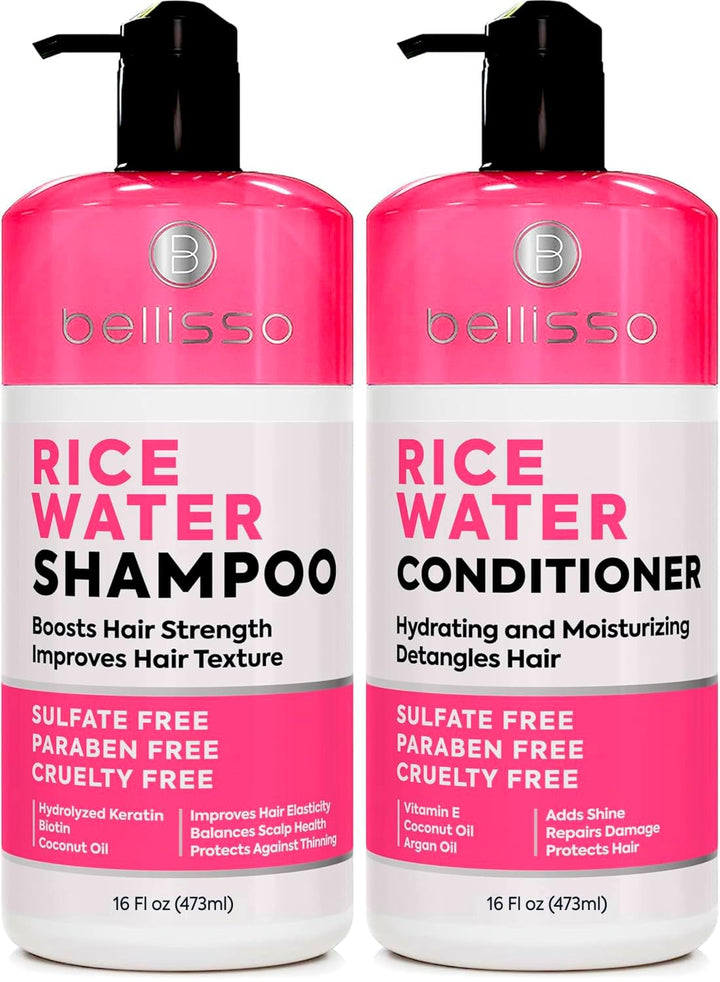 BELLISSO front packaging rice water duo shows full-size bottles and benefits