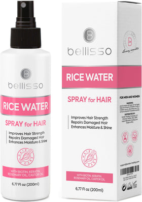 BELLISSO front packaging of rice water spray showing label and bottle benefit