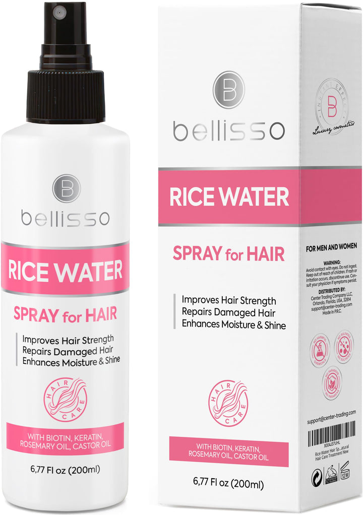 BELLISSO front packaging of rice water spray showing label and bottle benefit