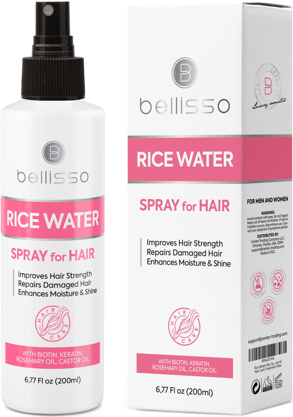 BELLISSO front packaging of rice water spray showing label and bottle benefit