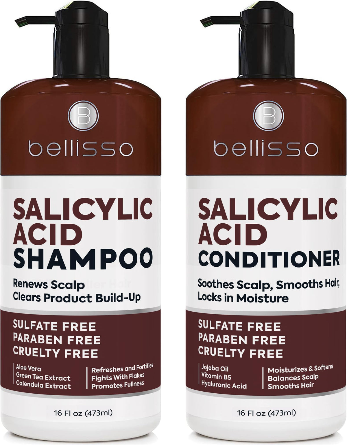BELLISSO front packaging of shampoo and conditioner showing clean design and benefits