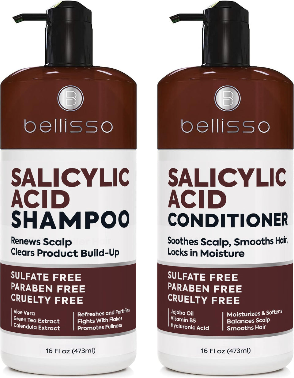 BELLISSO front packaging of shampoo and conditioner showing clean design and benefits