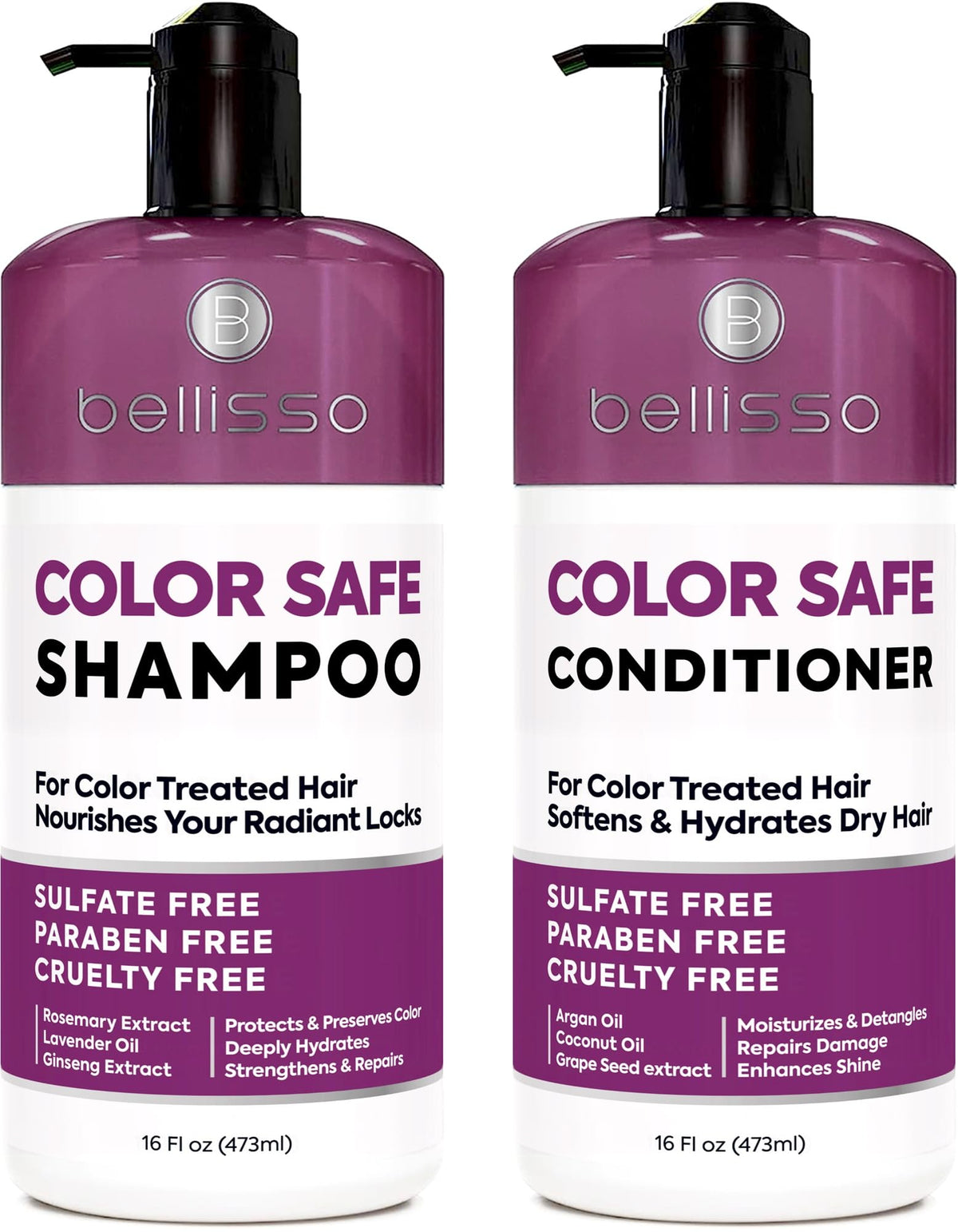 BELLISSO front packaging showing shampoo and conditioner protecting color
