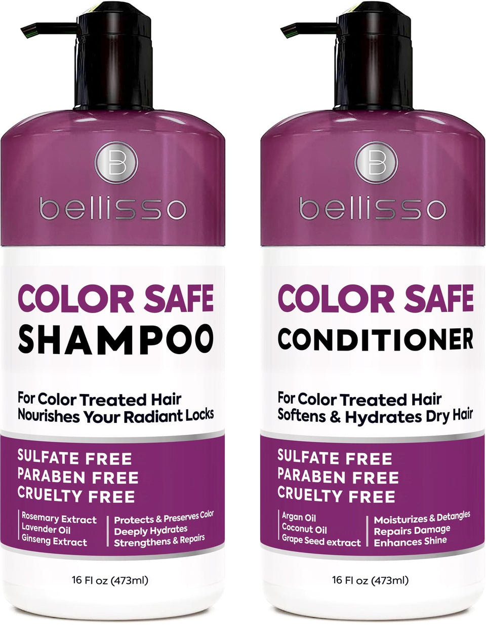 BELLISSO front packaging showing shampoo and conditioner protecting color