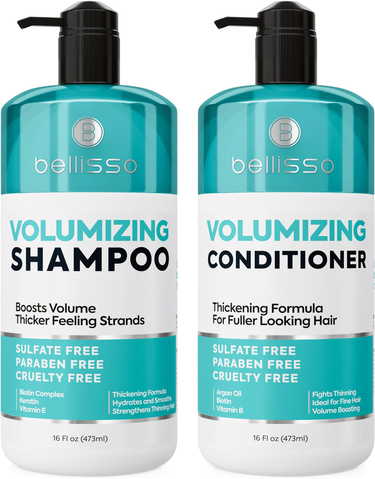 BELLISSO front packaging showing volumizing shampoo and conditioner set benefit fuller hair