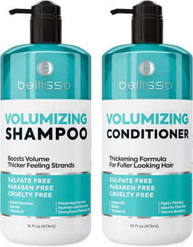 BELLISSO front packaging showing volumizing shampoo and conditioner set benefit fuller hair