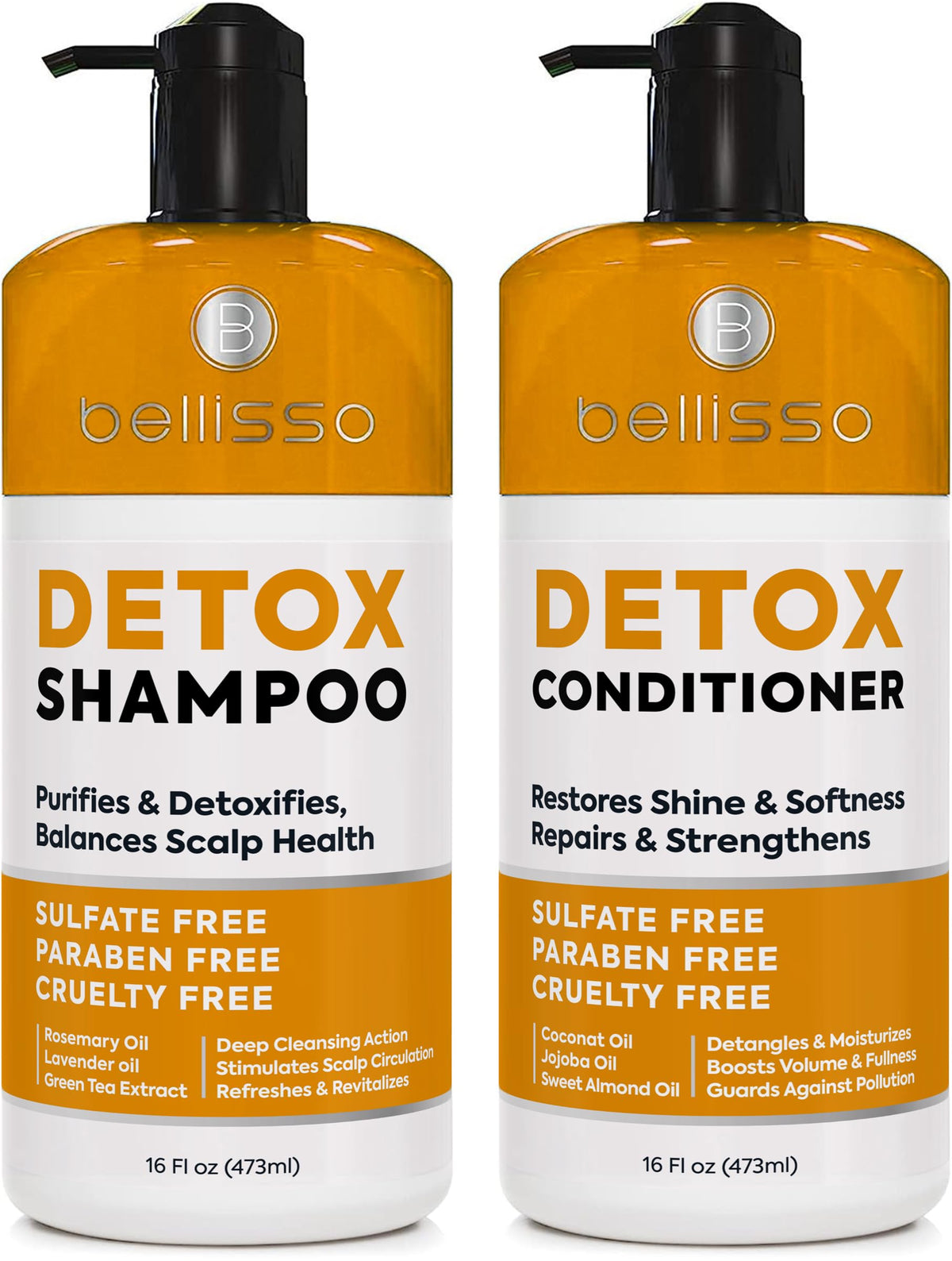 BELLISSO front packaging showing detox shampoo and conditioner, promotes deep clean