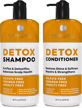 BELLISSO front packaging showing detox shampoo and conditioner, promotes deep clean