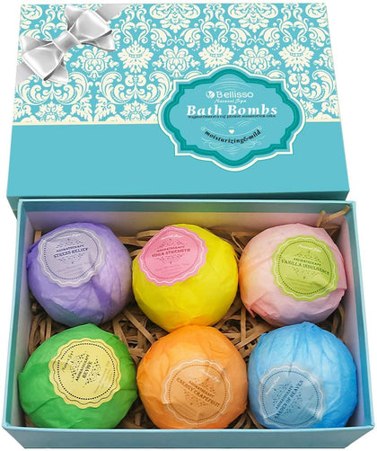 BELLISSO front packaging showing six individually wrapped XXL bath bombs and gift appeal