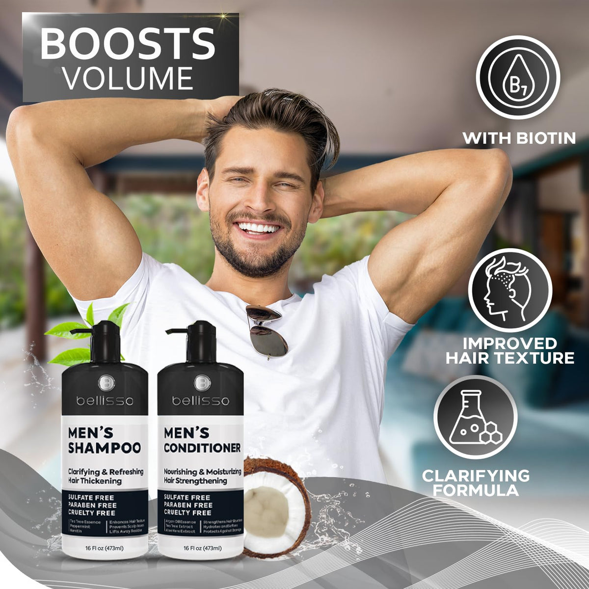 BELLISSO in-use shot of man washing hair demonstrates clarifying effect