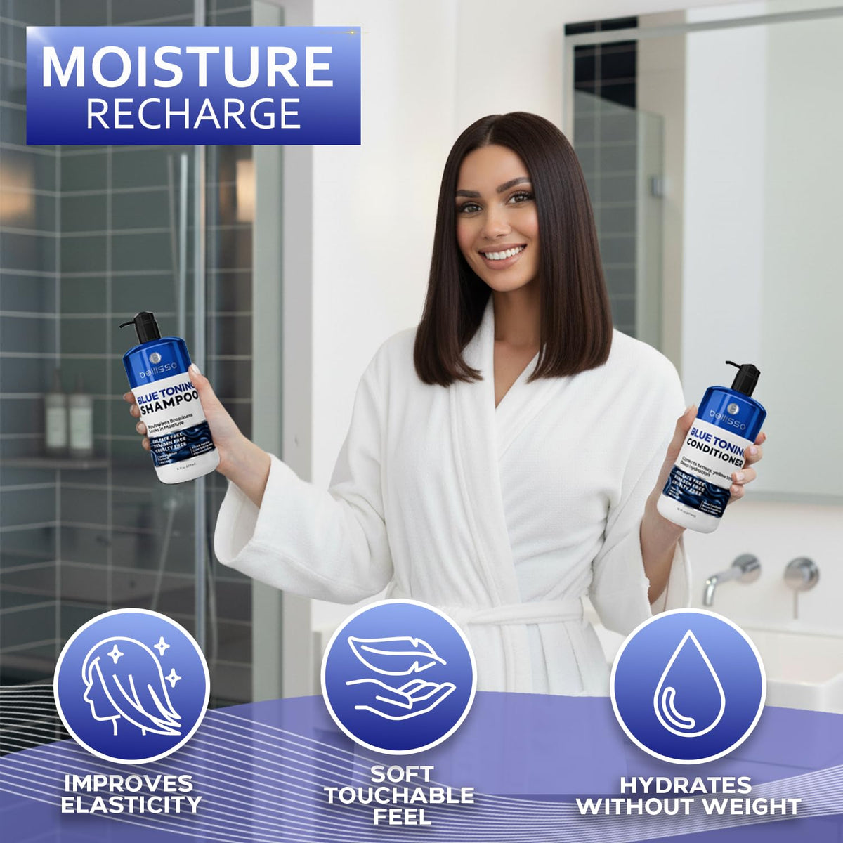 BELLISSO in-use on a brunette model shows reduction of brassiness and improved tone
