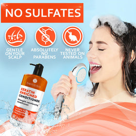 BELLISSO conditioner applied to hair demonstrating smoothing benefit
