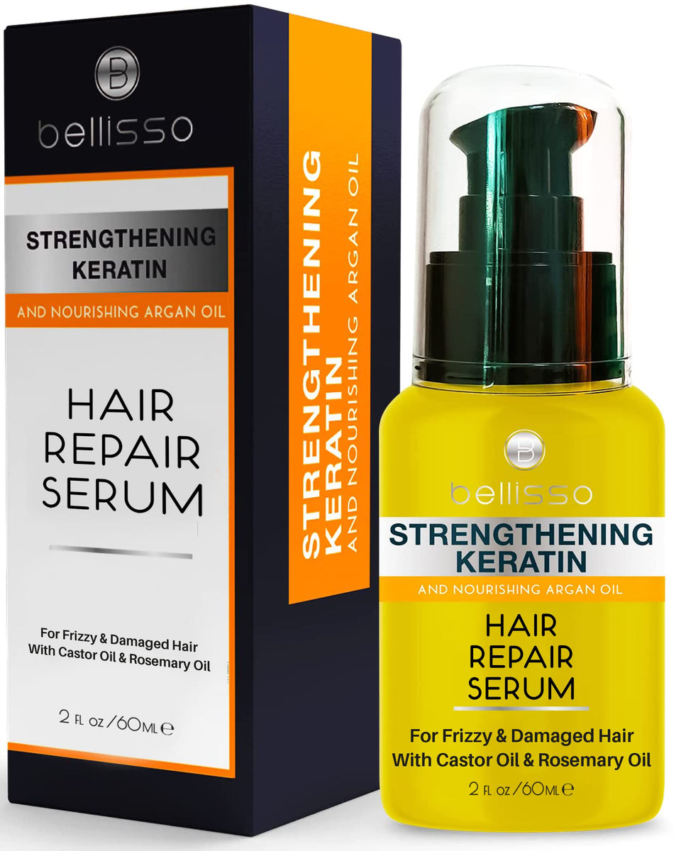 BELLISSO bottle front packaging showing sleek design and keratin benefits