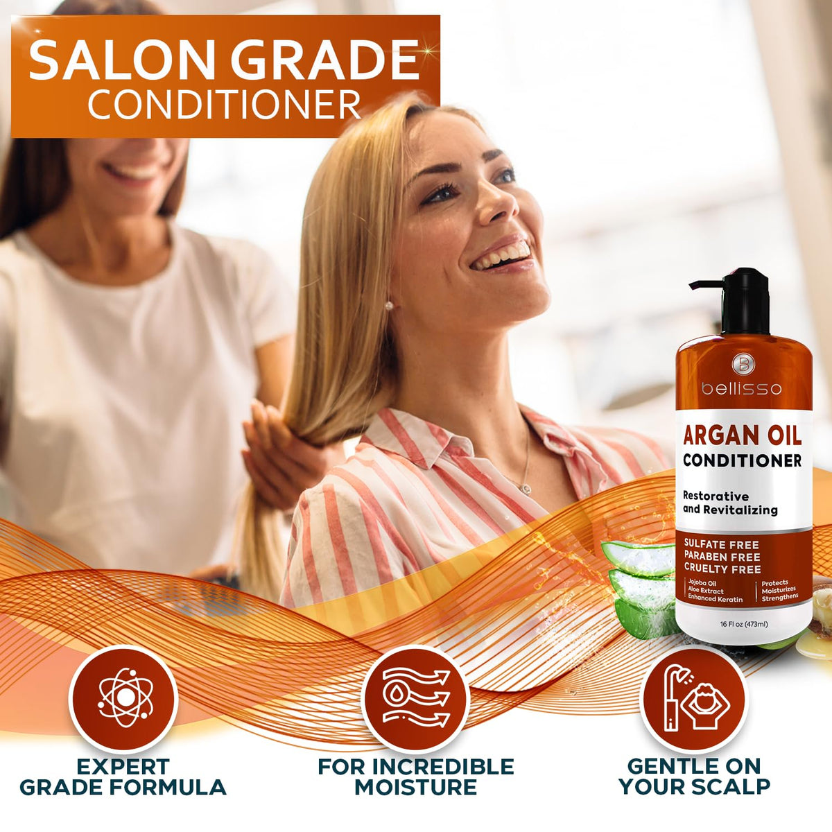 Bellisso label close-up highlighting argan oil and sulfate-free ingredients