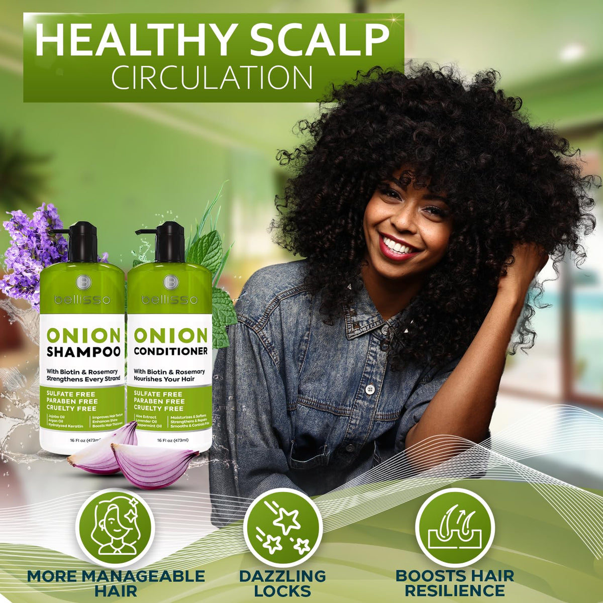 BELLISSO finished styled hair demonstrating fuller, volumized results
