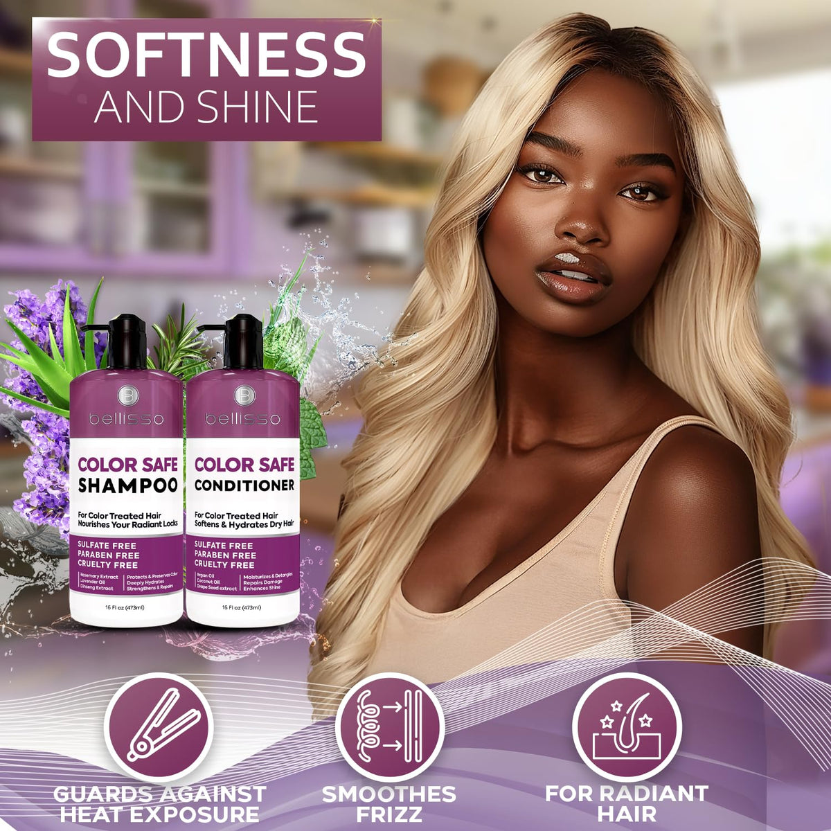 BELLISSO on bathroom shelf styled for lifestyle appeal and salon-quality care