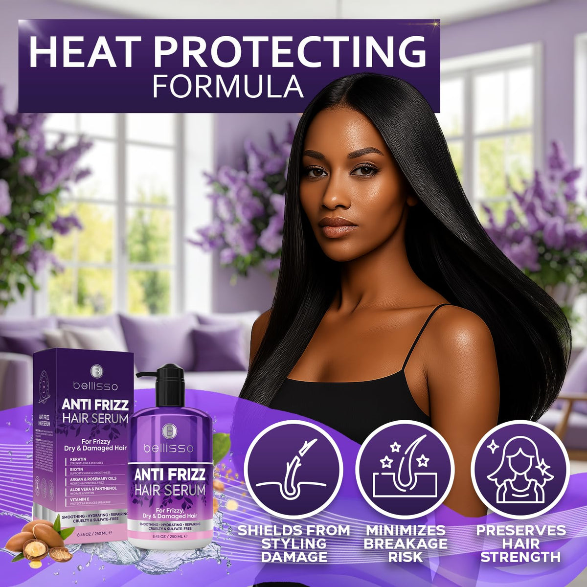 BELLISSO lifestyle shot of styled hair illustrating humidity-resistant finish