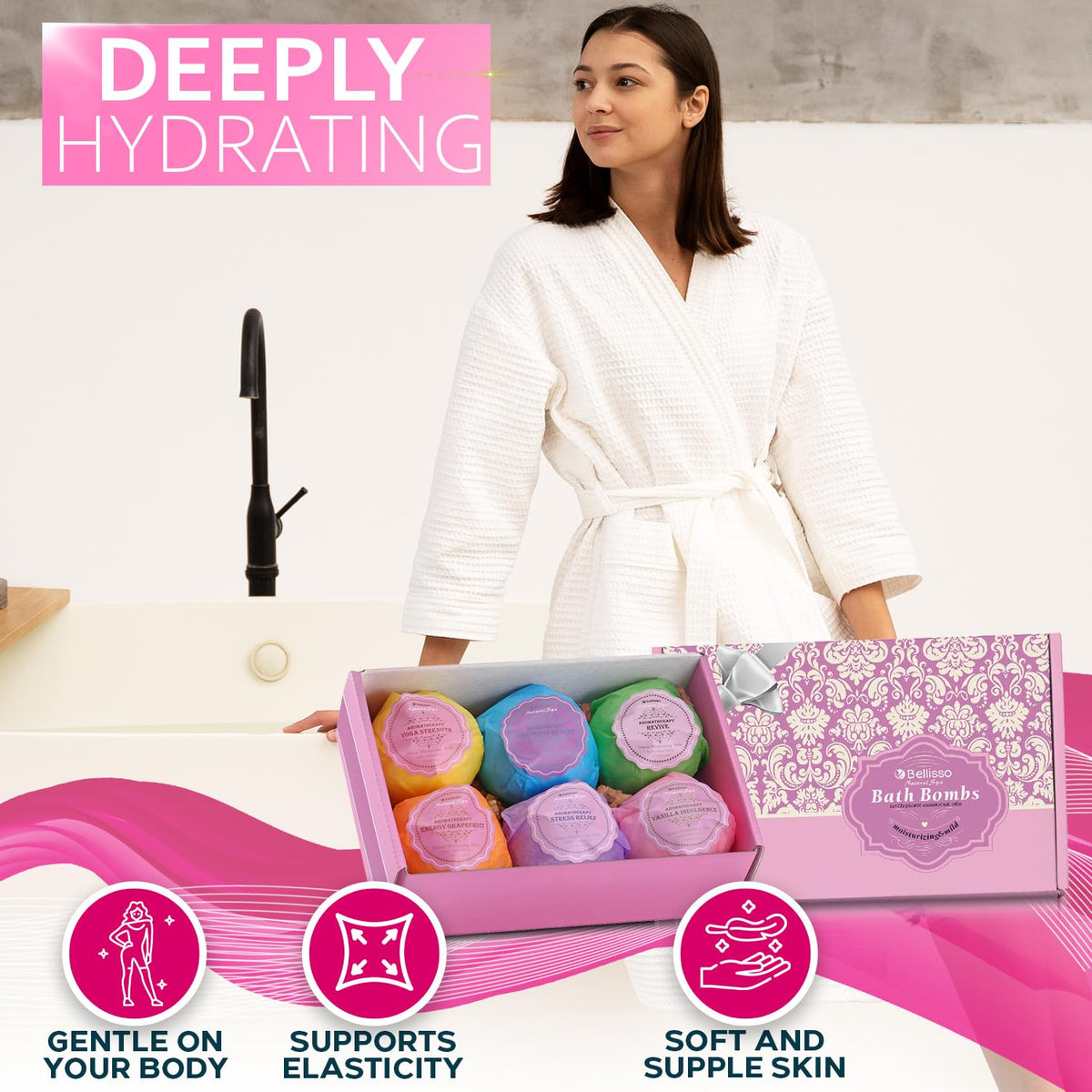 BELLISSO bath bomb dissolving in tub illustrating fizzing action and aromatic release