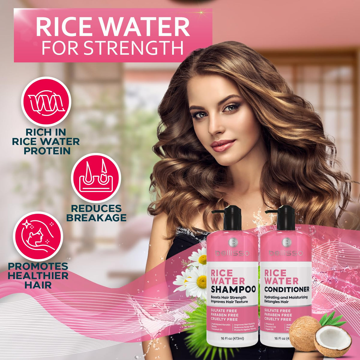 BELLISSO pump and label closeup highlights ingredients and usage benefits