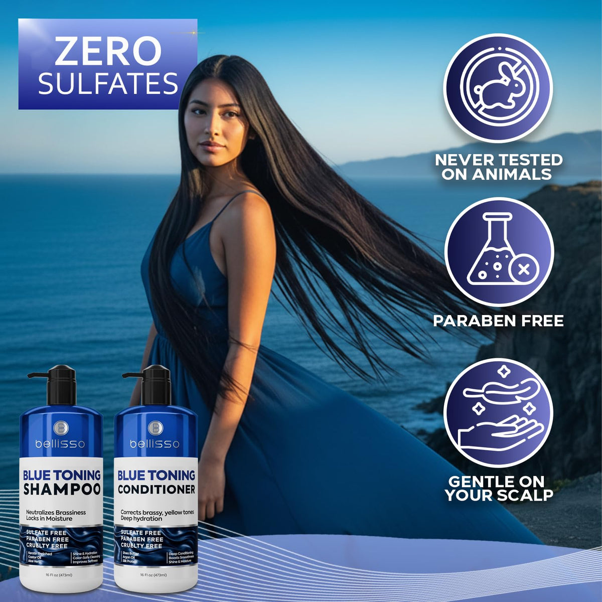 BELLISSO shampoo texture close-up showing creamy blue formula for gentle toning