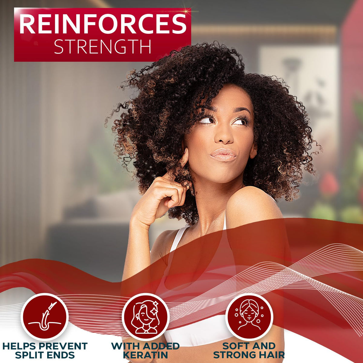 BELLISSO model with defined black curls demonstrating shine and bounce