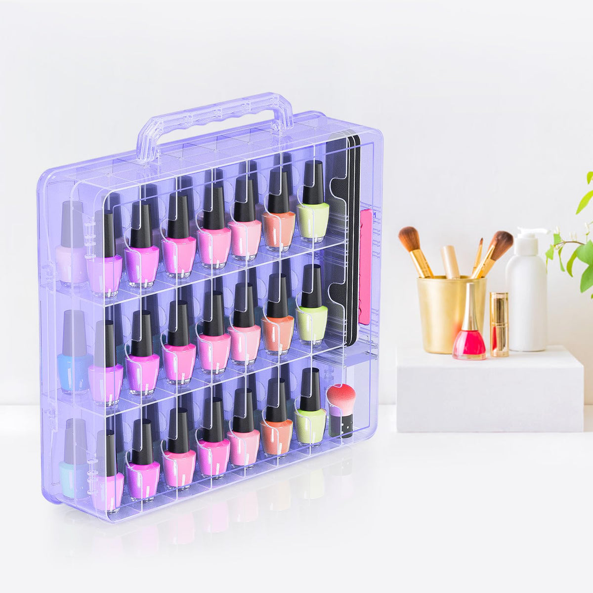 Beloving on a vanity displaying neat storage and quick color visibility