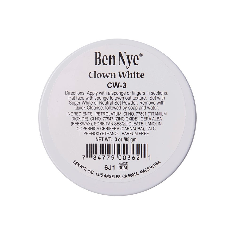 Ben Nye Clown White showing jar front and label, clear view for professional use