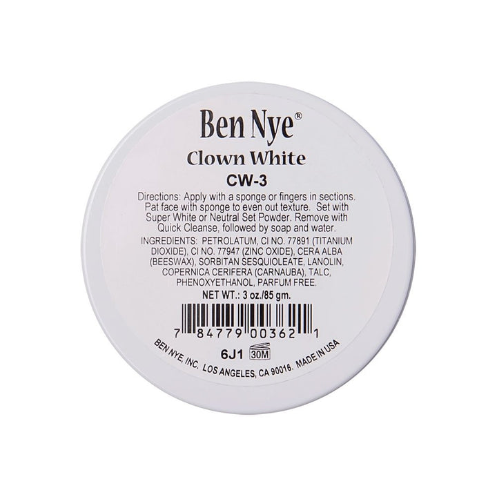 Ben Nye Clown White showing jar front and label, clear view for professional use