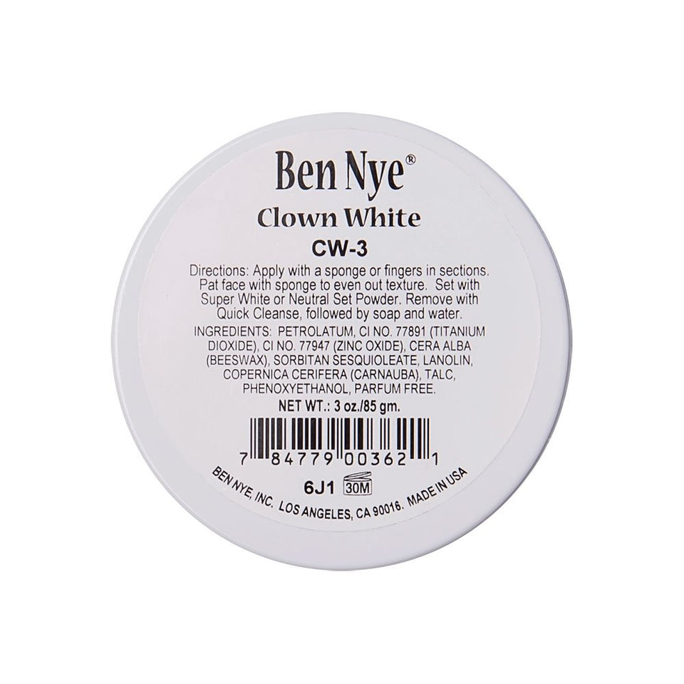 Ben Nye Clown White showing jar front and label, clear view for professional use