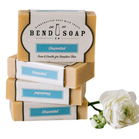 Bend Soap Company front packaging showing unscented goat milk soap benefits