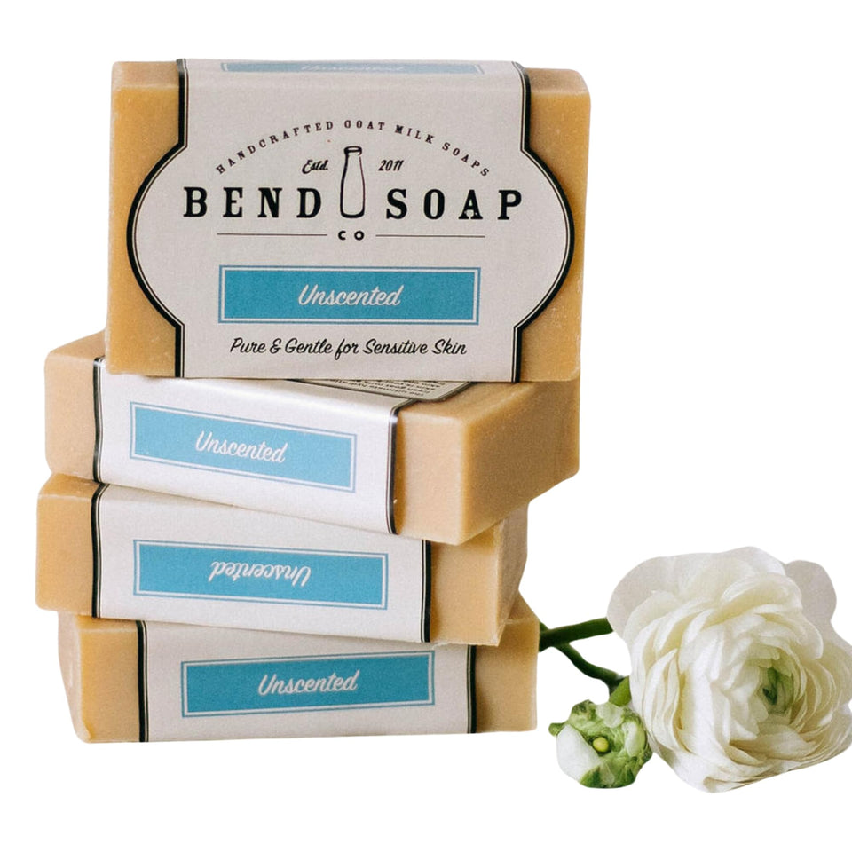 Bend Soap Company front packaging showing unscented goat milk soap benefits
